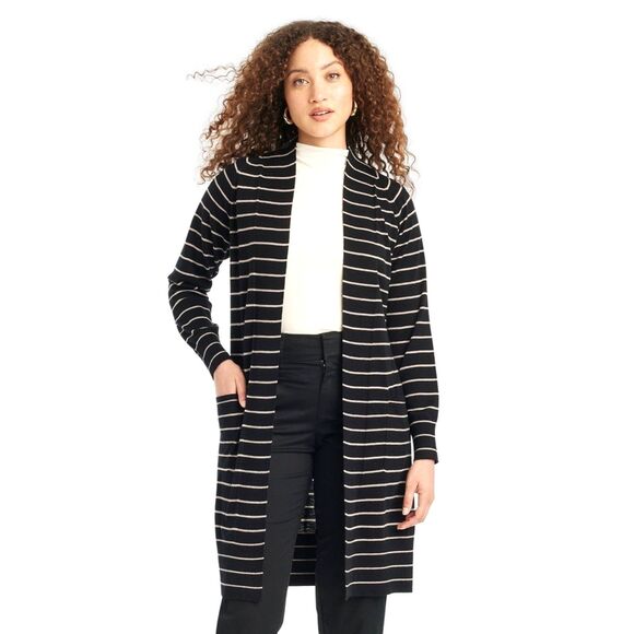 a new day Sweaters - A New Day Women's Duster Cardigan- Black & Taupe Stripe Small
